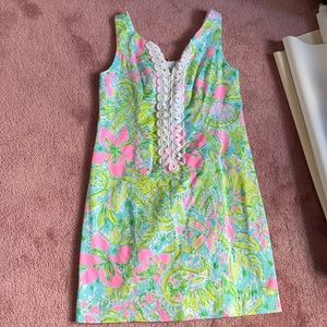 Lilly Pulitzer Aqua Pink Green Floral Shift Dress with White Trim